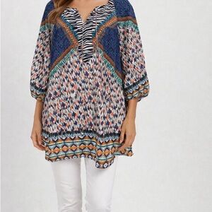 Fig and Flower Anthro Blue and Orange Patterned Tunic